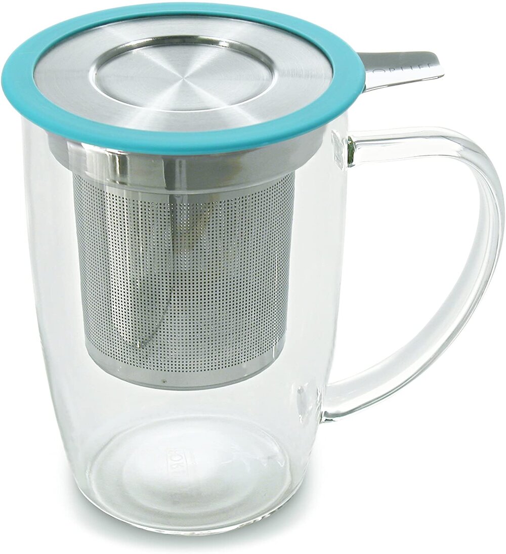 FORLIFE NewLeaf Glass Tea 470ml Mug with Infuser and Lid, Turquoise